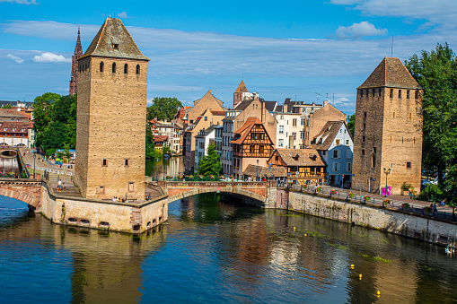 16.07.2023 Strasbourg, France, View on medieval bridge Ponts Couverts in Strasbourg, Alsace, France.