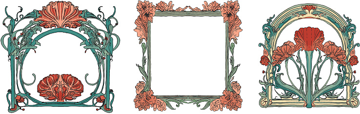 Three art nouveau style red and pink rose design elements, borders and frames