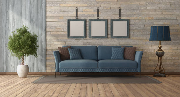 istock Classic style living room with blue sofa and stone wall 1734121132