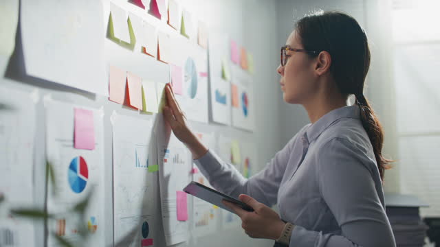 Young Businesswoman Brainstorming Writing Down Ideas On Sticky Notes Attached To Glass Wall. Business Success Concept