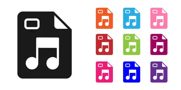 Vector illustration of Black MP3 file document. Download mp3 button icon isolated on white background. Mp3 music format sign. MP3 file symbol. Set icons colorful. Vector