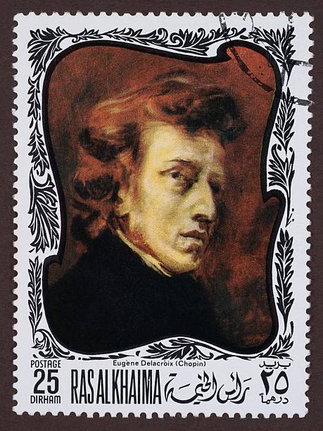 почтовая марка, живопись на eugène delacroix, фредерика шопена - frederic chopin стоковые фото и изображения