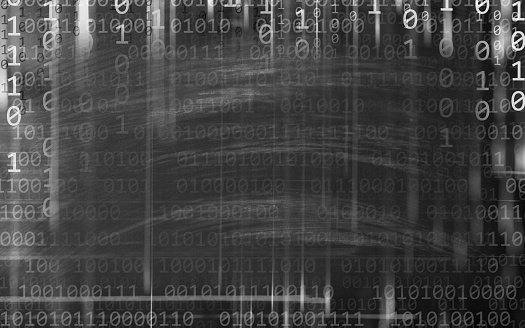 Frame made of school blackboard with chalk traces and binary code. Can illustrate the concept of online education - distance learning, distance education, e-learning, online learning. Space for copy.