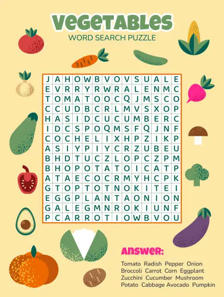 Vector illustration of Word search puzzle with vegetables. Education task