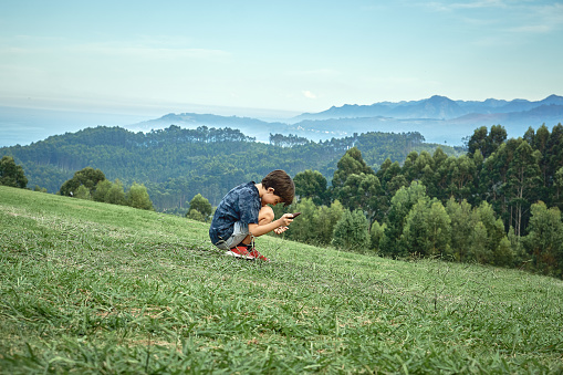 Squatting boy plays with a dinosaur claw in a green park with stunning scenery