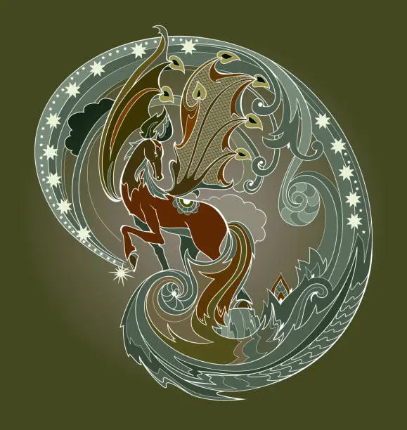 Vector illustration of Illustration of fantasy ancient Greek horse Pegasus with wings from fairyland legend. Print for fabric or children fairy tale book. Abstract background from fantastic mythology.