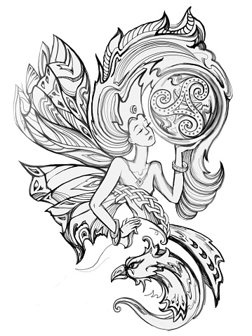 North goddess. Beautiful fantasy Celtic fairy holding triple trickle symbol. Illustration for an old medieval Breton legend with Celtic knot decoration. Pencil drawing. Black and white image.
