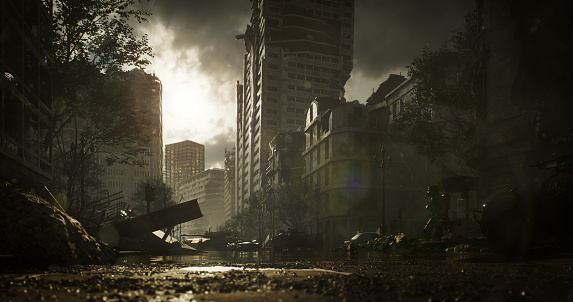 Digitally generated dark and sullen post apocalyptic scene depicting the consequence of a nuclear holocaust or the aftermath of a biological warfare, showing a desolate urban landscape with buildings in ruins and mostly cloudy sky, after a heavy rain.

The scene was created in Autodesk® 3ds Max 2024 with V-Ray 6 and rendered with photorealistic shaders and lighting in Chaos® Vantage with some post-production added.