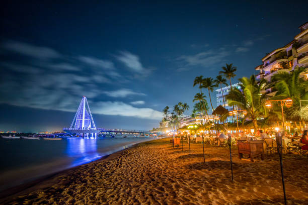 Puerto Vallarta Pier at Night, Mexico stock photo