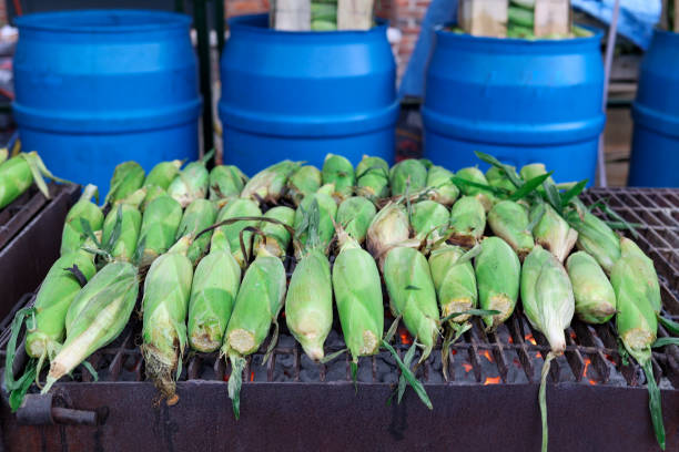 Fresh corn on the cob on a charcoal grill