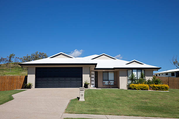 Family Home Front Front of a new neat modern single story family home with landscaped gardens, green grass and blue sky for copy space. Click to see more... bungalow photos stock pictures, royalty-free photos & images