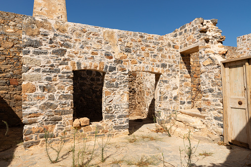 Ruins of houses on Spinalonga, Crete, Greece.