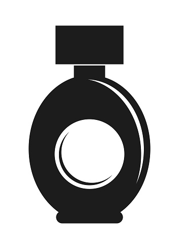 Stylized silhouette of a bottle with perfume, lotion, shampoo, cosmetics, with a square cap and a label on which you can place text or logo - cut out vector icon on white background