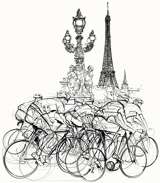 Paris-a group of cyclists in competition Paris-Vector illustration of a group of cyclists in competition pont alexandre iii stock illustrations