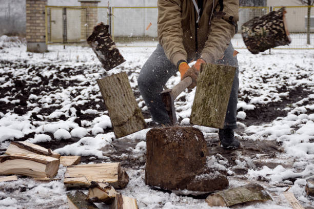An Australian house wood pile and firewood splitting area with small hatchet axe