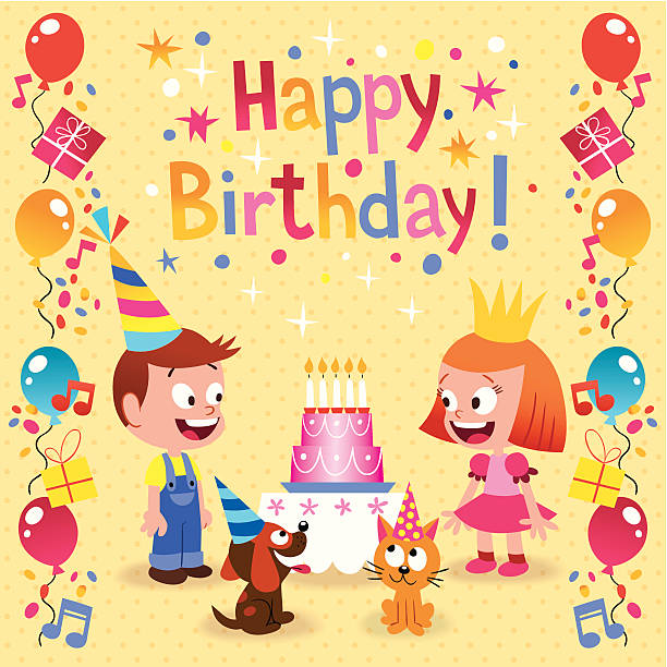 ilustraciones, imágenes clip art, dibujos animados e iconos de stock de tarjeta de cumpleaños para niños - birthday card dog birthday animal