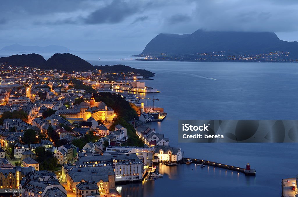 city of Norway by night Alesund Stock Photo