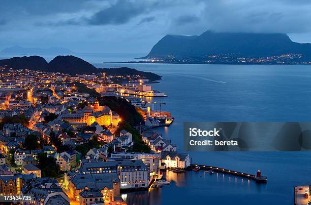 City Of Norway By Night Stock Photo - Download Image Now - Alesund, Night, Above