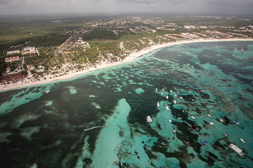 Aerial view of a beautiful caribbean beach in Punta Cana, Dominican Republic