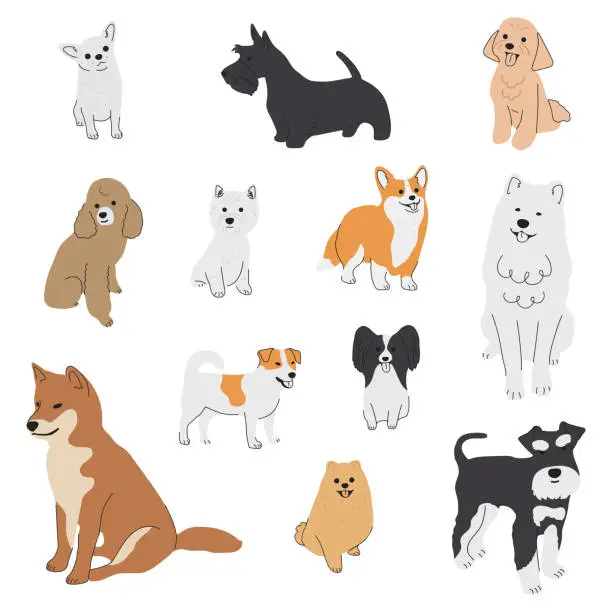 Vector illustration of Collection of cute baby dogs cartoon hand drawn style. Collection of dog characters, flat illustration for design, decor, print, stickers, posters. Vector illustration isolated on a white background.