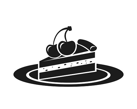 Stylized silhouette of a piece of pie or cake on a plate with two cherries on top  - cut out vector icon on white background