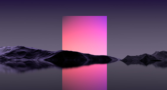 Abstract fantasy landscape neon square on the horizon of mountains in the reflection of water. Glowing pink square neon, nature. 3D render