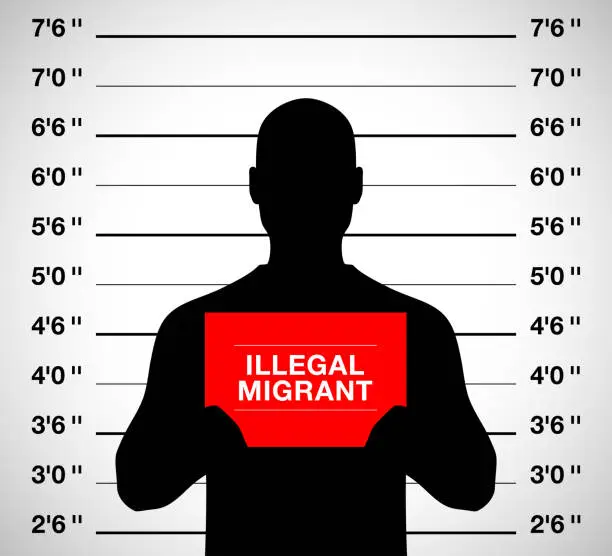 Vector illustration of Illegal migrant man standing on a mugshot photo shooting background, vector illustration