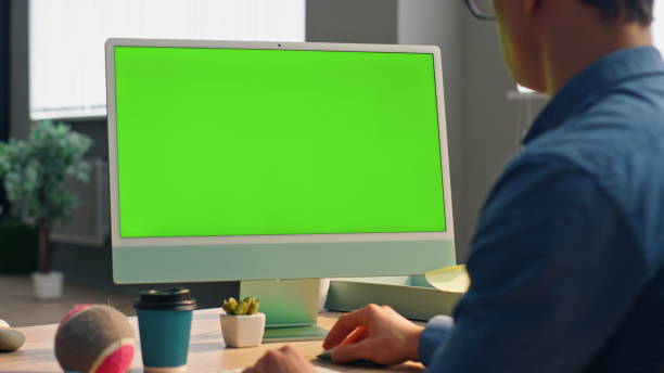 istock Smart startuper working mockup computer in office closeup. Man staring monitor 1734426220