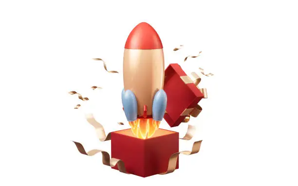 Opening gift box and rocket, 3d rendering. Digital drawing.