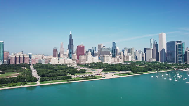 Drone View of Chicago, IL from over Lake Michigan