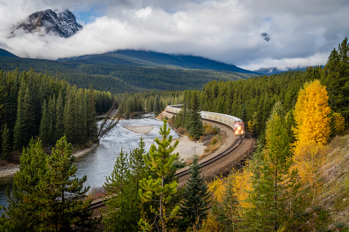 Canadian Pacific railway and train at Morant's Curve, Banff National Park, Alberta, Canada.