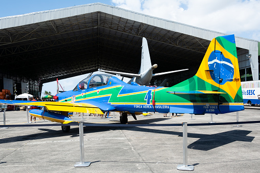 Salvador, Bahia, Brazil - November 11, 2014: A-29B aircraft of the Brazilian air force is seen at the Open Gates of Aeronautics exhibition in the city of Salvador, Bahia