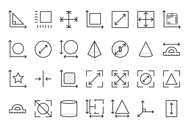stockillustraties, clipart, cartoons en iconen met dimension, area and perimeter measure concept. vector set of linear geometry icons. square, perimeter, distance and diameter icons. - tekstveld