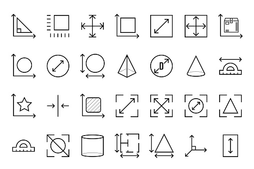 Dimension, area and perimeter measure concept. Vector set of linear geometry icons. Square, perimeter, distance and diameter icons.