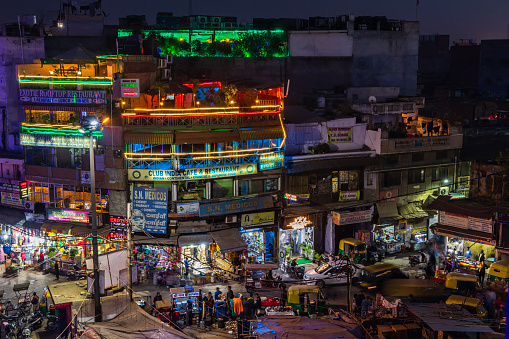 Main Bazar by night, Paharganj known for its concentration of hotels, lodges, restaurants, dhabas and a wide variety of shops catering to both domestic travellers and foreign tourists, especially backpackers and low-budget travellers.