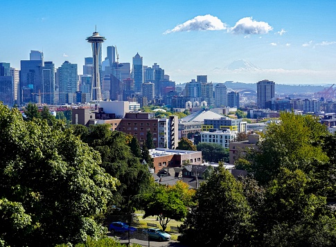 The Seattle Skyline with Mount Ranier in the background. Classic Seattle Shot of downtown skyline with the space needle from Queen Anne Hill. Mount rainier is in the background.Other Seattle photos are here: