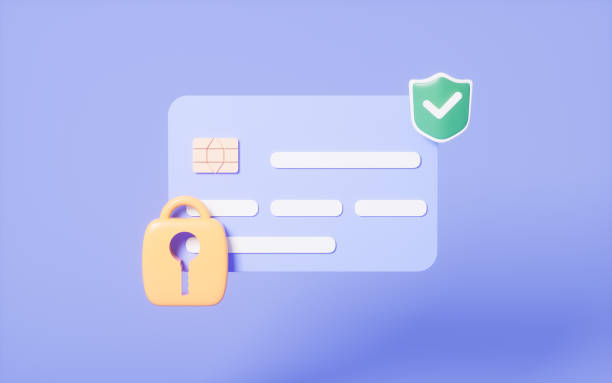 istock Cartoon bank card and padlock, bank card encryption, 3d rendering. 1734545302