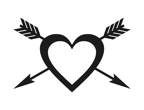 Stylized silhouette of a heart and two arrows with feathers at the ends - cut out Valentine's Day vector icon, black on white background