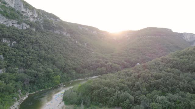 Aerial View Of Gorges Of The Ardeche River During Sunset.