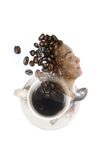 Double exposure, woman, coffee beans and black coffee on white background
