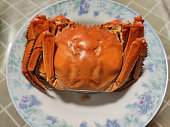 one big red steamed crab on the blue plate
