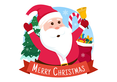 Merry Christmas Vector Illustration with Santa Claus, Bauble Ball, Gift Box, Surprise Gifts, Trees and Snow Background in Flat Cartoon Design