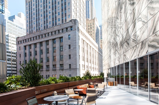 Financial District, New York, N.Y.   One month after opening on September, the Perelman Performing Arts Center's indoor facilities, rooftop terrace and surroundings at noon of October, 2023.