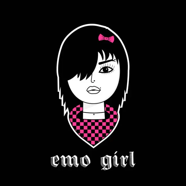 Vector illustration of Emo girl with bandana and bow with side bangs. Gothic aesthetic in y2k, 90s, 00s and 2000s style. Emo Goth tattoo sticker on black background. Vector art  illustration