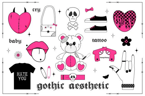 Vector illustration of Set of flat girly stickers. Teddy Bear toy, hand, hearts and other elements in trendy emo goth. Gothic aesthetic in y2k, 90s, 00s and 2000s style. Pink, black, white colors. Vector art illustration