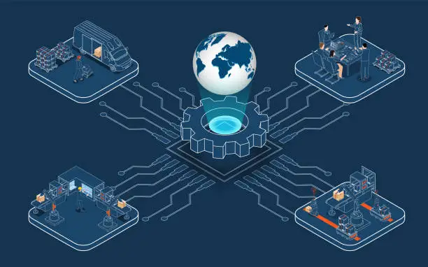 Vector illustration of Global logistics network concept with Transportation operation service, Supply Chain Management - SCM, Company Logistics Processes. Vector illustration EPS 10