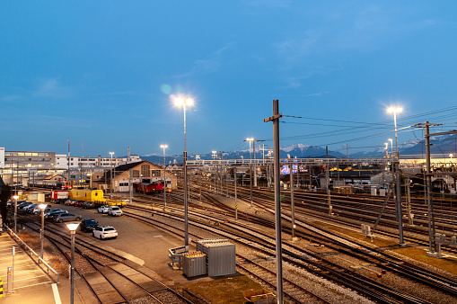 Rapperswil Train Station pictured at dusk