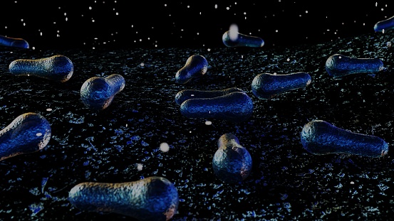 Magnification view of scattered Clostridium botulinum under microscope 3d rendering