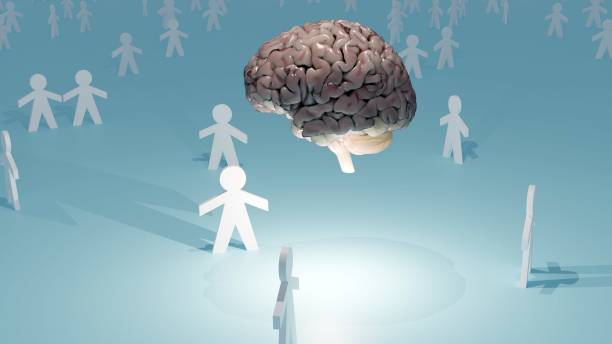 papierowy ludzki kształt i renderowanie 3d ludzkiego mózgu - surrounding leadership organization meeting zdjęcia i obrazy z banku zdjęć