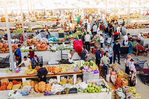 Samarkand, Uzbekistan - April 23, 2023: Grocery open market called BOZOR